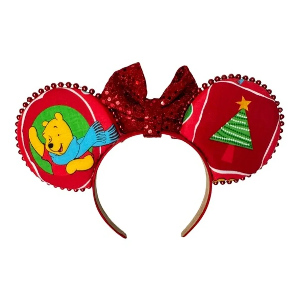 Winnie the Pooh Christmas Mickey Ears Headband Red Sequin Bow Holiday Handmade